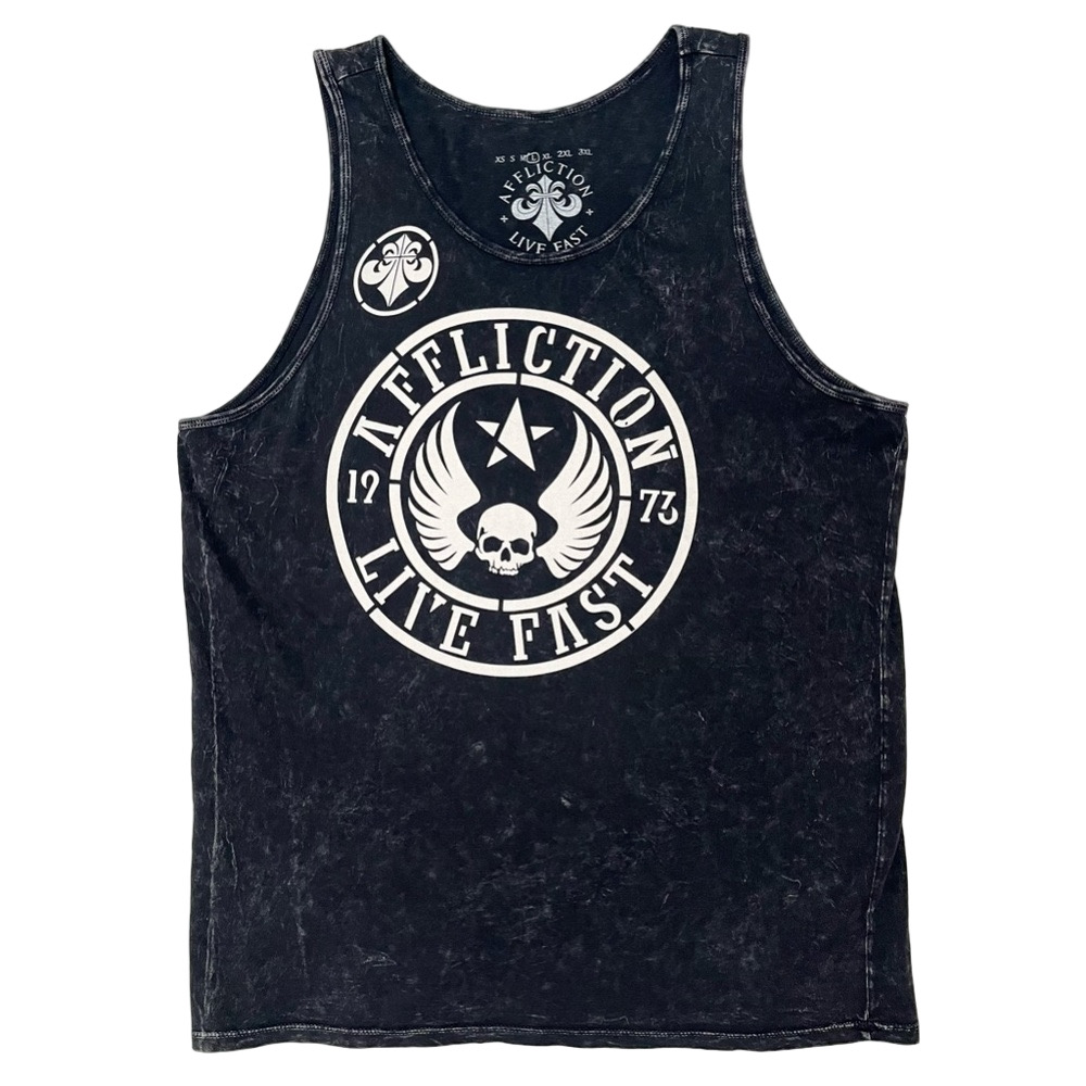 Men’s Y2K Affliction Black Washed Iron Shield Graphic Tank Top Large